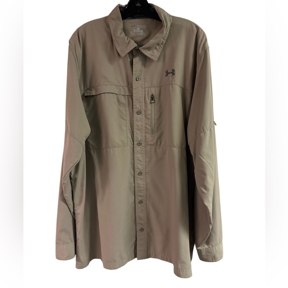 Under Armour Beige Heat Gear Vented Long Sleeve Button Down Shirt Size 2XL Loose